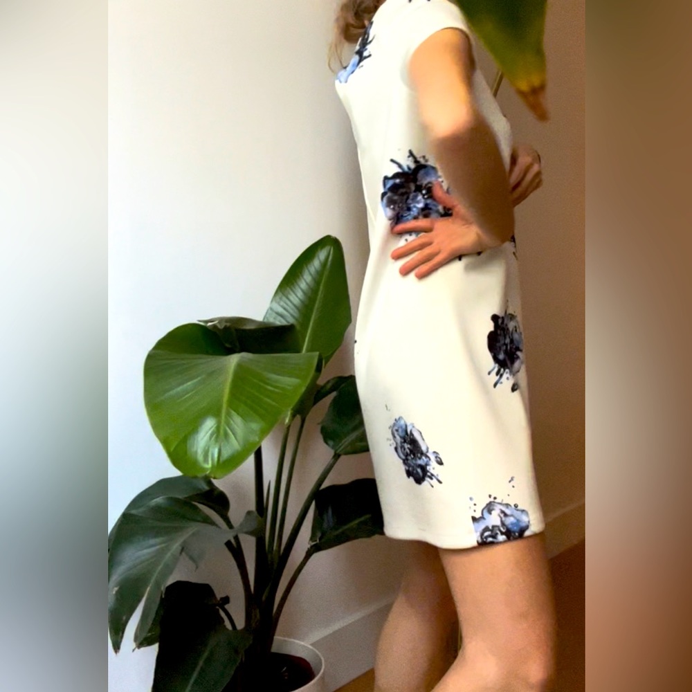White dress with blue floral print